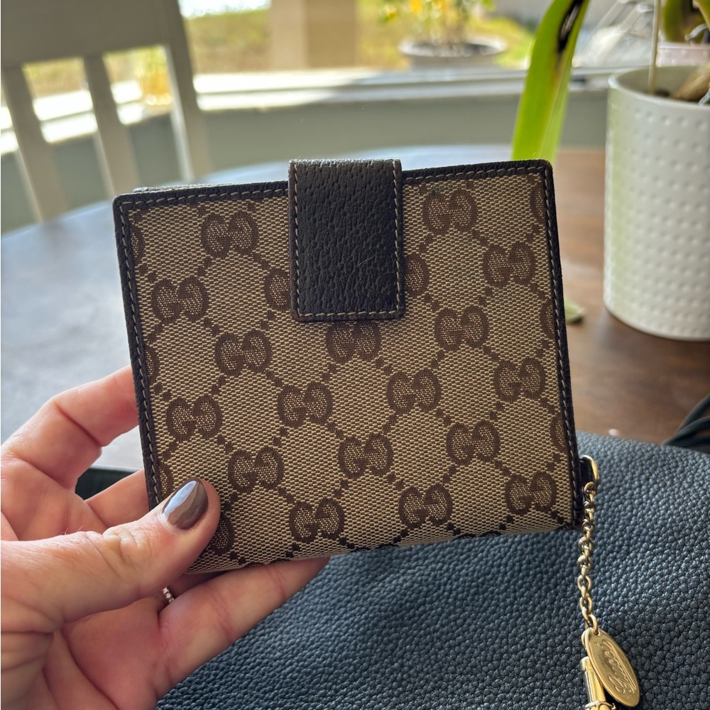 Gucci Brown Monogram Compact Wallet with Leather Trim